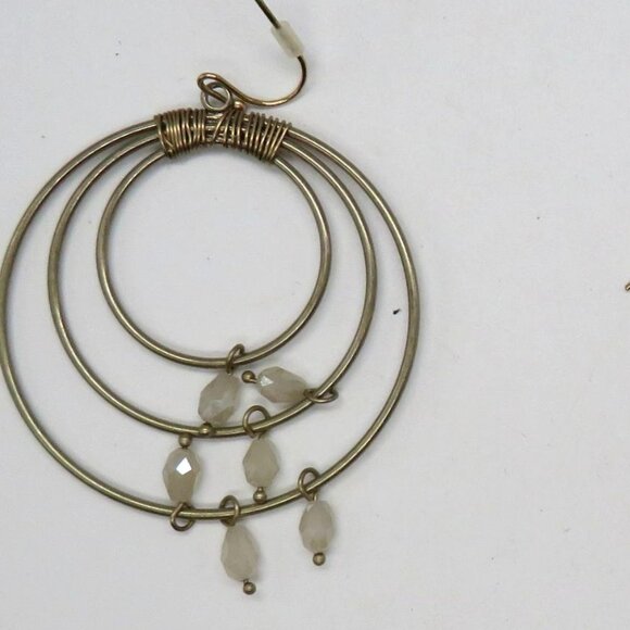 Hoop Earrings Gold Tone Triple Wire Dangle White Beads Accents - Picture 7 of 7
